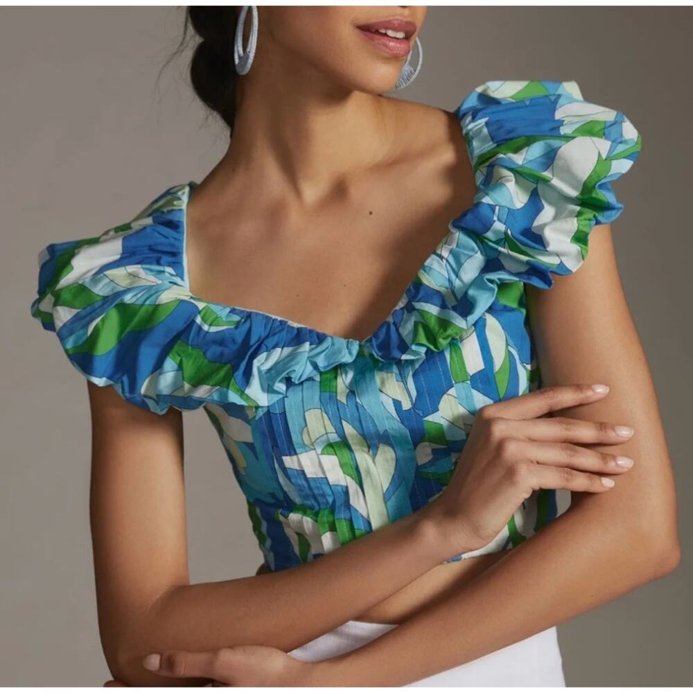 Maeve Anthropologie Ruffle-Sleeve Cropped Blouse Blue Floral Crop Top Size XL - Picture 2 of 11